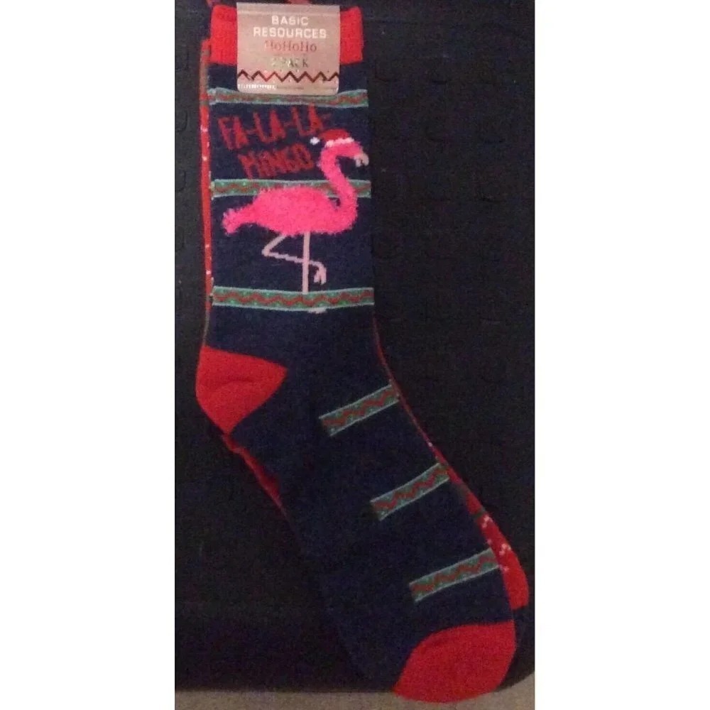 Basic Resources Womens Crew Socks Navy Red 2 Pack Christmas Flamingo HoHoHo NEW